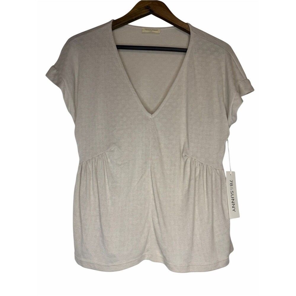 NWT 78 & Sunny Hope Pointelle V-Neck Shirred Tee size Small 2-4 Birch Beige Top